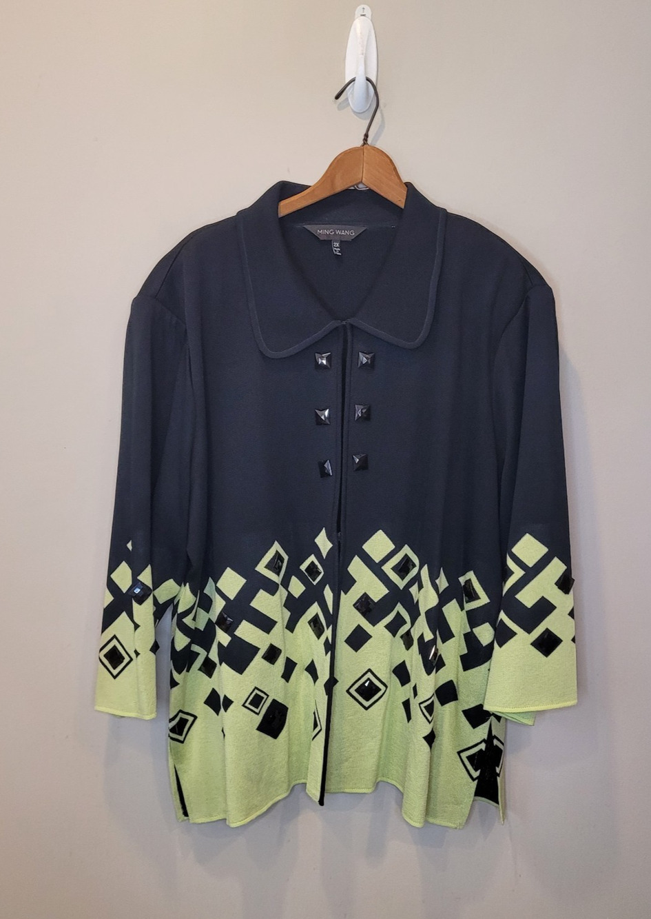 Ming Wang Black Green Geometric Print Textured Knit Cardigan Black Studs Size 2X